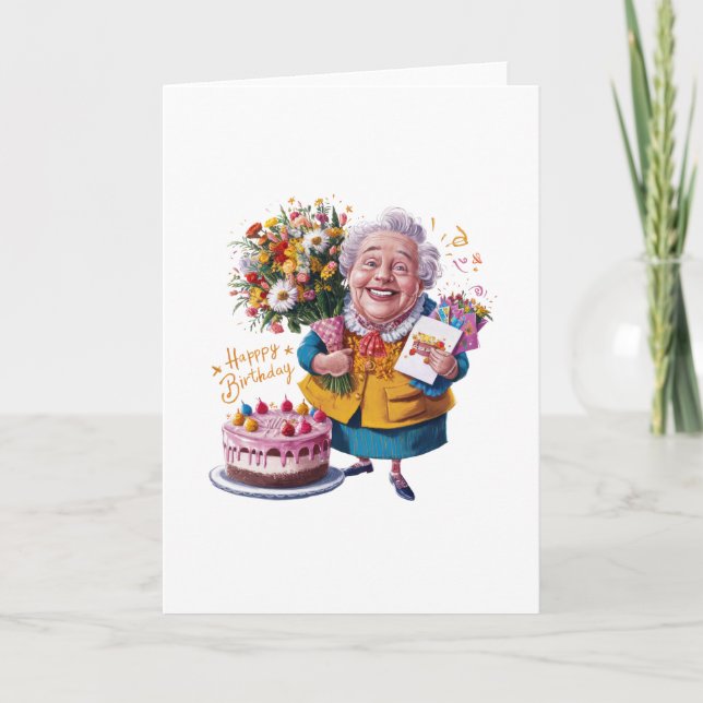 Tarjeta Abuela en bicicleta con pastel y globos (Anverso)