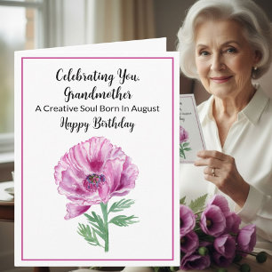 Tarjeta Abuela Feliz Agosto Cumpleaños Adormidera Púrpura
