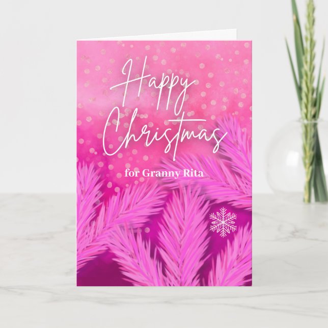 Tarjeta Abuela feliz Navidad en rosado con ramas de pino (Anverso)
