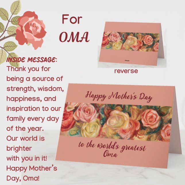 Tarjeta 'Abuela 'Más Grande Oma' Día de la Madre en holand (A beautiful floral roses Mother's Day card for your special Oma (grandmother)! Customizable.)