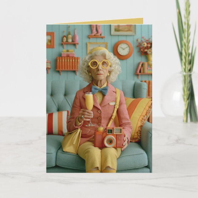 Tarjeta Abuela Retro Caprichosa con Cámara (Anverso)