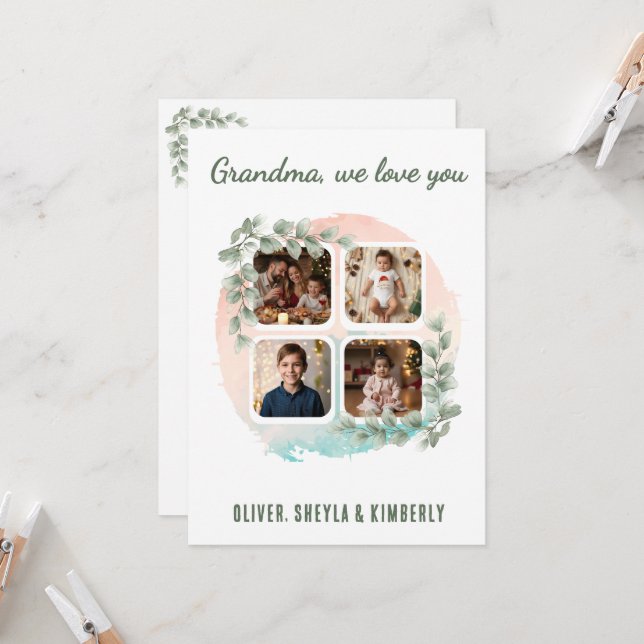 Tarjeta Abuela te amamos 6 Collage de Fotos Eucalipto (Anverso/Reverso In Situ)