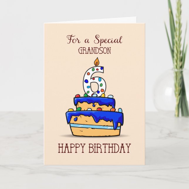 Tarjeta Abuelo 6 cumpleaños, 6 en dulce pastel azul (Anverso)