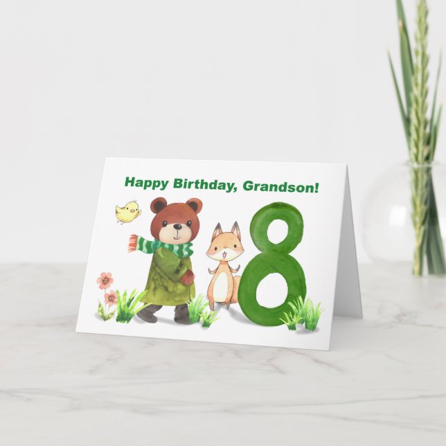 Tarjeta Abuelo 8.º oso acuarela de cumpleaños y Fox (Anverso)