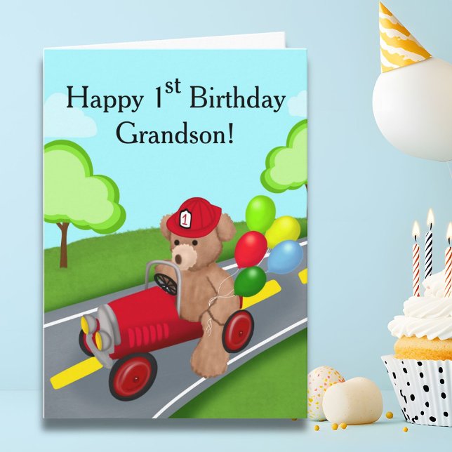 Tarjeta Abuelo Feliz primer cumpleaños Teddy Bear Firetruc (Subido por el creador)