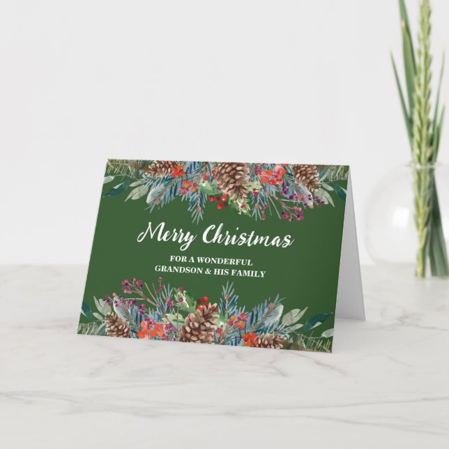 Tarjeta Abuelo floral ruso y Feliz Navidad a la familia (Anverso)