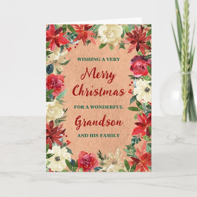 Tarjeta Abuelo floral ruso y Feliz Navidad a la familia (Anverso)
