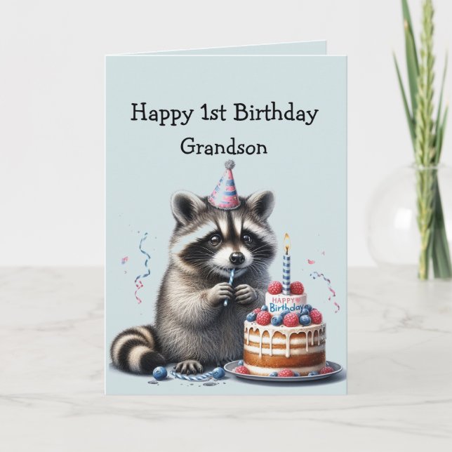 Tarjeta Abuelo Fun Raccoon 1er cumpleaños (Anverso)