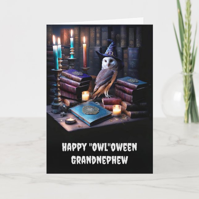 Tarjeta Abuelo honrado divierte Halloween con magia de búh (Anverso)