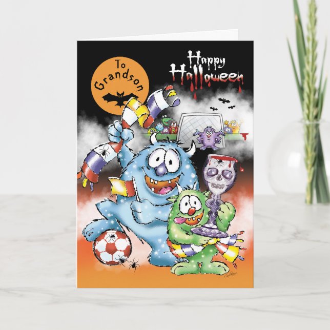 Tarjeta Abuelo, Monstruos de Halloween con pelota de fútbo (Anverso)