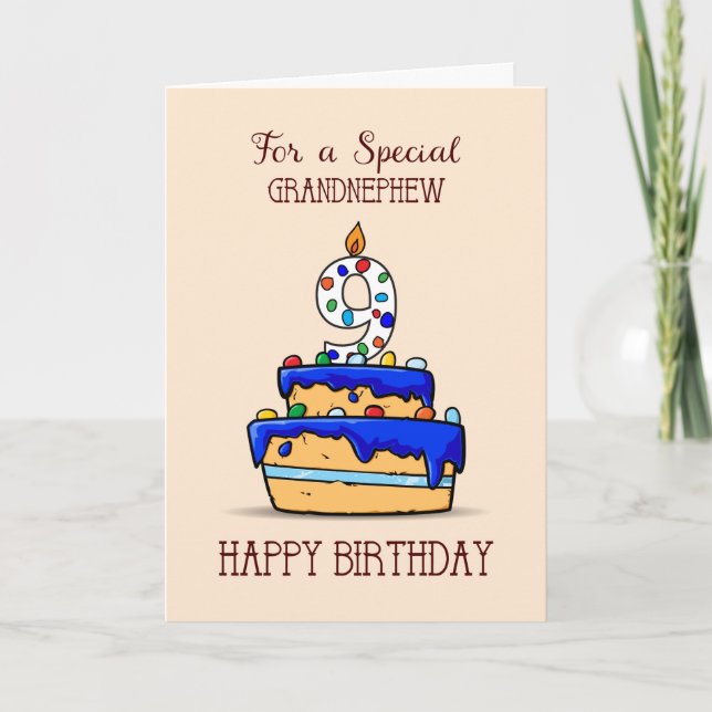 Tarjeta Abuelo noveno cumpleaños, 9 en dulce pastel azul (Anverso)