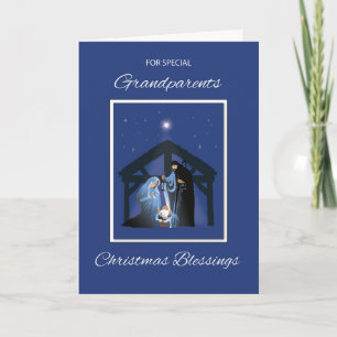 Tarjeta Abuelos Navidades bendiciendo a Manger sobre azul