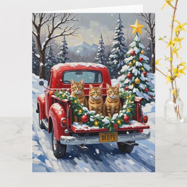 Tarjeta Abyssinian Cat Christmas Red Truck Holiday (flor amarilla)