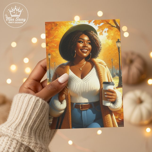 Tarjeta Acción de Gracias de moda para una mujer afroameri (Chic Black woman Thanksgiving card with cozy fall leaves, warm vibes, and thankful wishes)