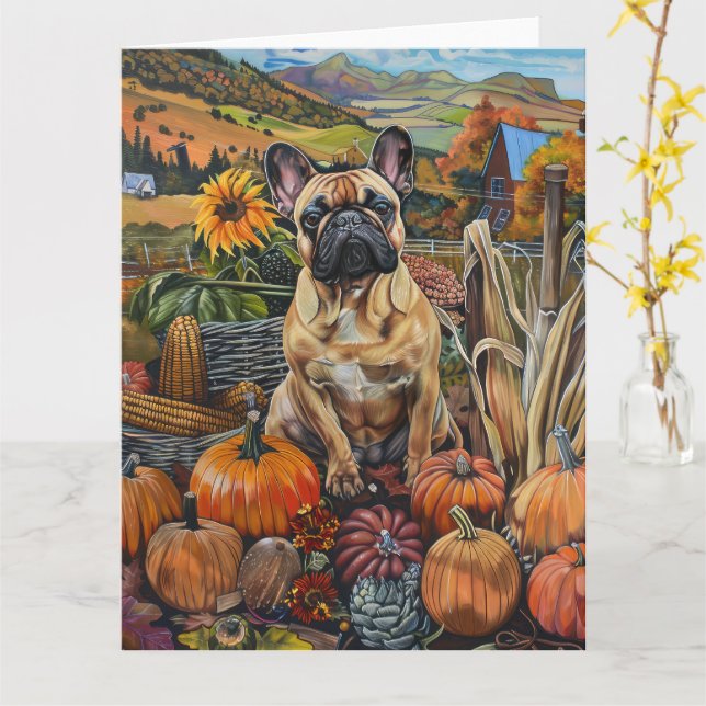 Tarjeta Acción de Gracias por la cosecha otoñal de Bulldog (flor amarilla)