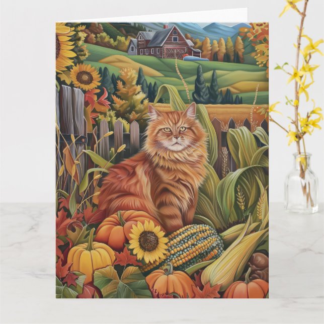 Tarjeta Acción de Gracias por la cosecha otoñal de un gato (flor amarilla)