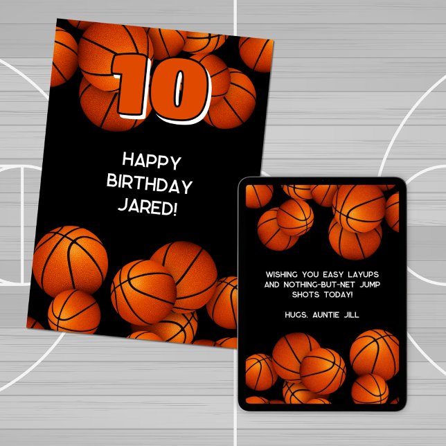 Tarjeta acento de baloncesto de cumpleaños feliz (front view of printed card and downloaded view of back of card displayed on a tablet)