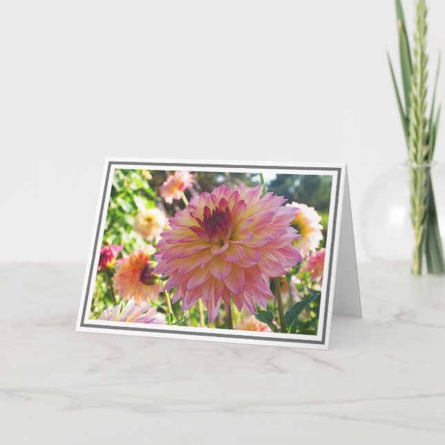 Tarjeta Acercamiento a Dahlia con decoración rosa y amaril (Anverso)