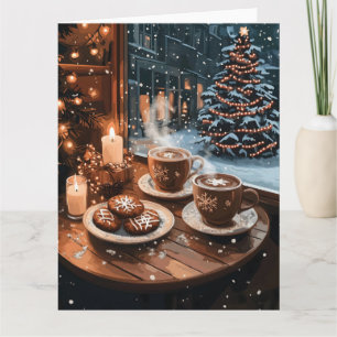 Tarjeta Acogedor café de invierno con café caliente y gall
