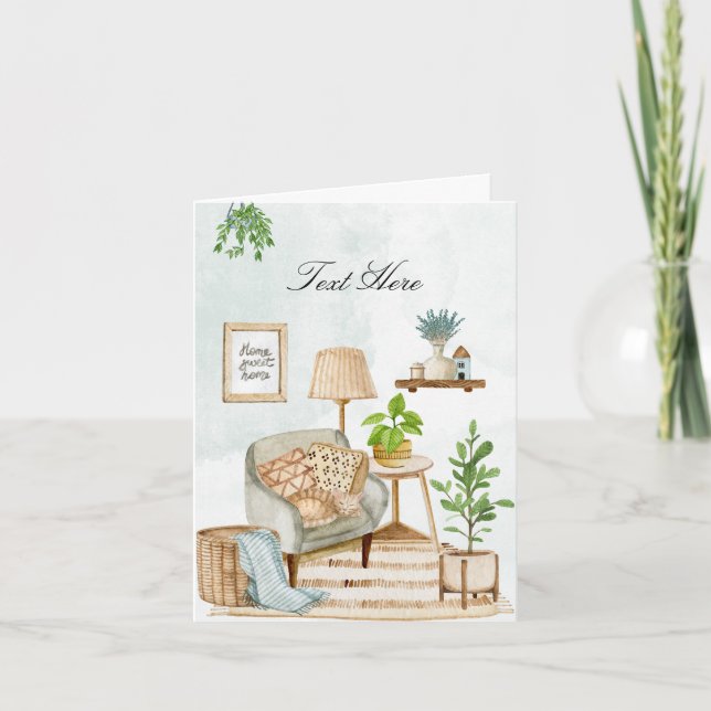 Tarjeta Acogedor interior casero con plantas (Anverso)