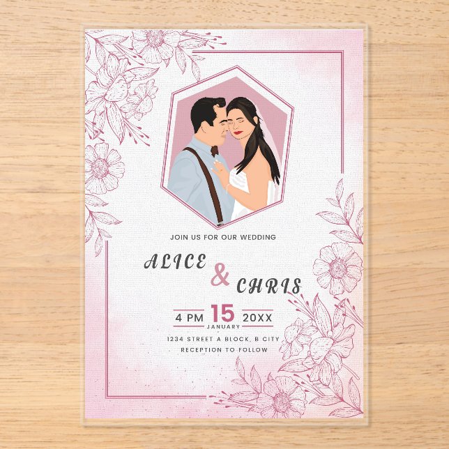 Tarjeta acrílica de boda personalizada con la cara (Anverso)