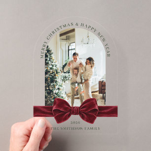Tarjeta Acrílica de Navidad con Foto de Lazo Rojo