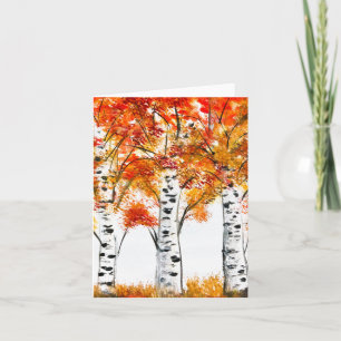 Tarjeta Acuarela Abedules Árboles Otoño Hojas naranjas