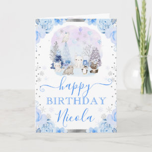 Tarjeta Acuarela Ártico Animales Florales Cumpleaños