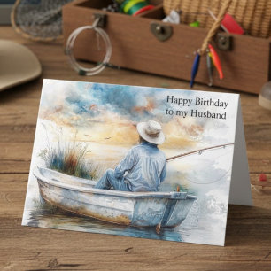 Tarjeta Acuarela Azul Pescador Esposo Feliz Cumpleaños