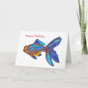 Tarjeta Acuarela Azul y Oro Pescado Cumpleaños