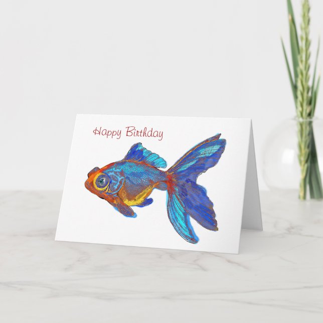 Tarjeta Acuarela Azul y Oro Pescado Cumpleaños (Anverso)