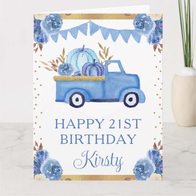 Tarjeta Acuarela Blue Floral Bavieras Trucos Cumpleaños (Anverso)