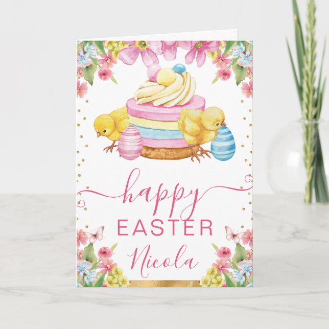 Tarjeta Acuarela Chicle Primavera Feliz Pascua (Anverso)