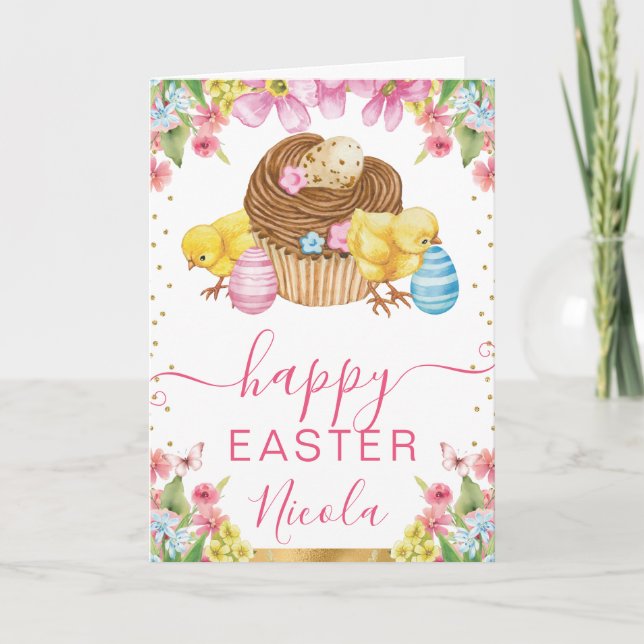 Tarjeta Acuarela Chicle Primavera Feliz Pascua (Anverso)