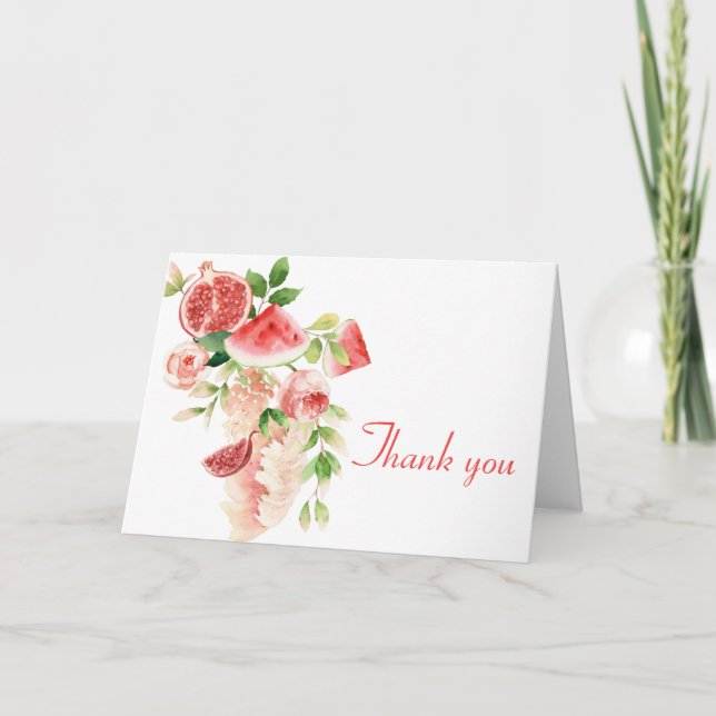 Tarjeta acuarela con flores y frutas rosas (Anverso)