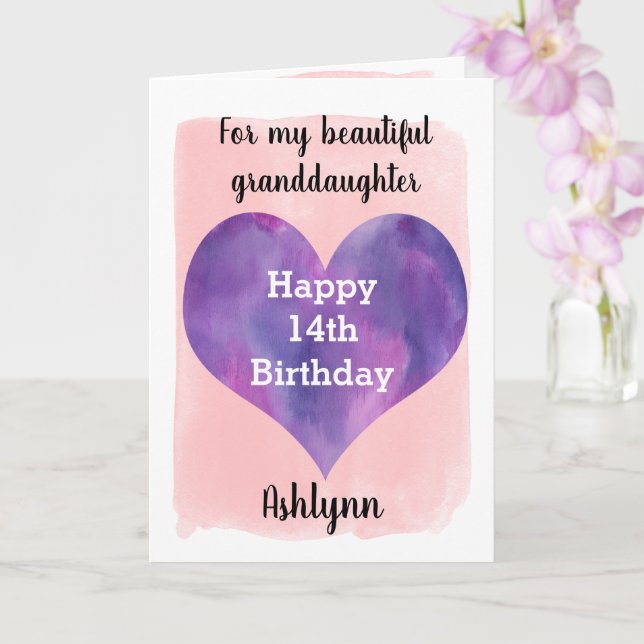 Tarjeta Acuarela Corazón rosa y Morado 14º cumpleaños (Orquídea)