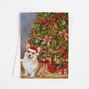 Tarjeta Acuarela Corgi bajo el árbol de Navidad