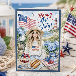 Tarjeta Acuarela Costera Patriótica Feliz 4 de Julio