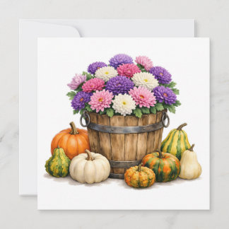 Tarjeta Acuarela Crisantemo y Calabazas de Otoño