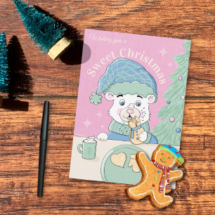 Tarjeta Acuarela Cubo de Oso Polar con Cocina Navidad