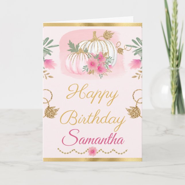 Tarjeta Acuarela Cumpleaños Calabaza Dorada Rosa (Anverso)