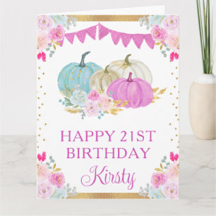 Tarjeta Acuarela Cumpleaños Calabazas Florales Rosa Azul