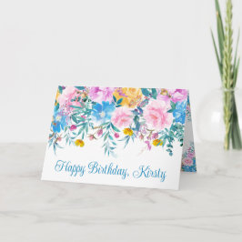 Tarjeta Acuarela Cumpleaños de Flores de Verano Rosadas y 