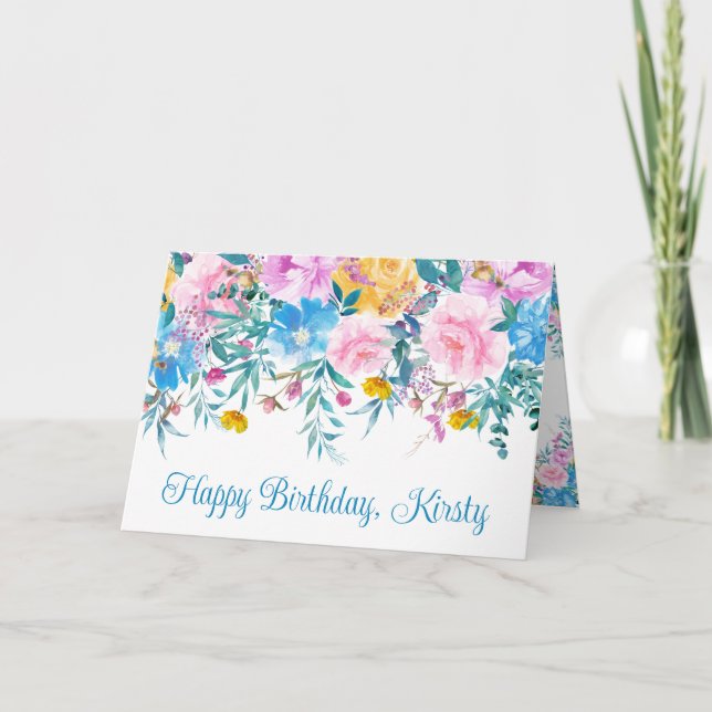 Tarjeta Acuarela Cumpleaños de Flores de Verano Rosadas y  (Anverso)