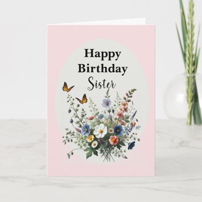 Tarjeta Acuarela Cumpleaños Feliz Hermana Flores Silvestre (Anverso)