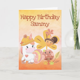 Tarjeta Acuarela Cumpleaños Gradiente Naranja Unicornio Ot