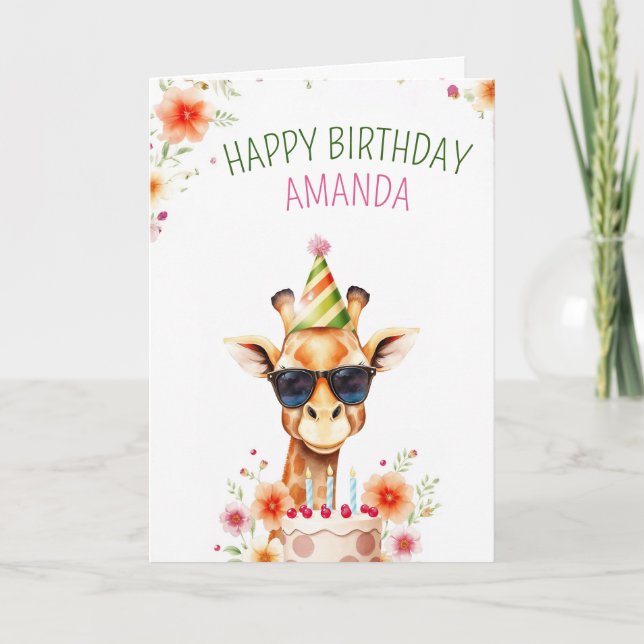 Tarjeta Acuarela Cute Giraffe con Gorra Fiesta Cumpleaños (Anverso)