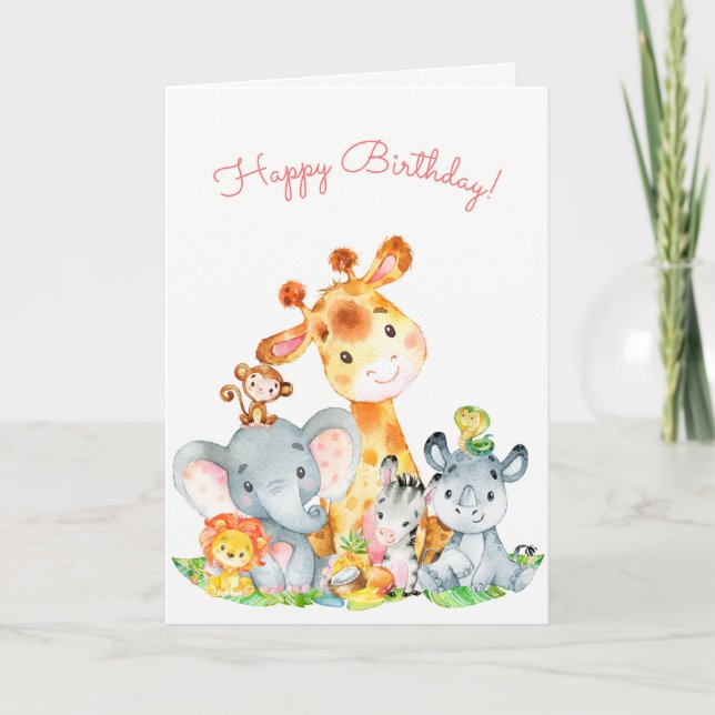 Tarjeta Acuarela Cute Safari Jungle Animales Cumpleaños (Anverso)