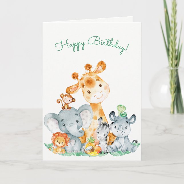 Tarjeta Acuarela Cute Safari Jungle Animales Cumpleaños (Anverso)