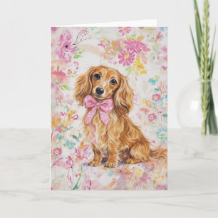 Tarjeta Acuarela Dachshund de pelo largo Floral Pastel